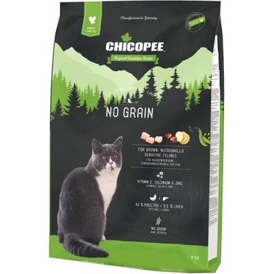 Chicopee Chicopee Holistic Nature Line No Grain - пълноценна храна за пораснали котки от всички породи, над 1 година, БЕЗ ЗЪРНО, за възрастни и чувствителни към храненето котки, с птици и черен дроб, 8 кг