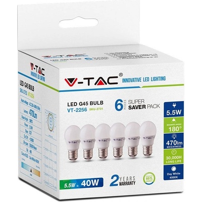 V-tac LED žárovky 5.5W G45 E27 6 kusů Denní bílá