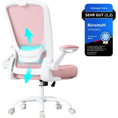 SONGMICS Office Chair Ergonomic, Swivel Chair with Mesh, Lumbar Support, Rocker Function, 53cm Seat, Folding Armrests, Study and Bedroom, Students, Pastel Pink OBN037R01