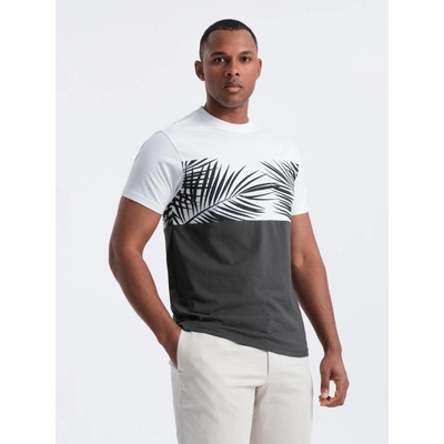 Ombre Clothing Мъжка двуцветна тениска с печат на палмови листа - графит V2 OM-TSPT-0177 Ombre Clothing Ombre Clothing | Siv | МЪЖЕ | S