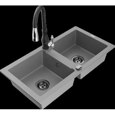 Mario гранитна мивка 2-камерна с кухненски смесител Savita, сив - 6504-71-672601-70-B (6504-71-672601-70-B)