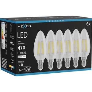 Mexen Vintis 6x LED филаментна крушка E14, C35, 4W, Неутрална - 4000K, 470 lm, прозрачна - (L154-E14-0440-00x06)