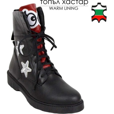 Български обувки Дамски черни боти от естествена кожа с червен език и апликации 34230