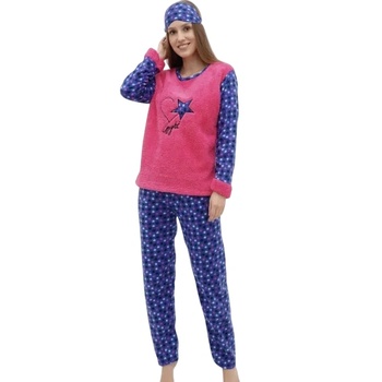 Дамска поларена пижама в синьо и цикламено с точки