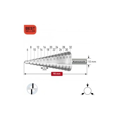 Karnasch Стъпално свредло Ø 6-32 mm (x 4 mm), HSS-XE без покритие, 2x прав канал, BESTSELLER (213032)