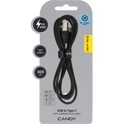 Blavec CCA-UC3B30 Candy Braided USB-A - USB-C PD 60W 3A, 3m, černý