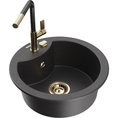 Mexen Diego гранитна мивка с 1 гнездо и кухненски смесител Flora, черно на пръски - 6512-76-670401-75-G (6512-76-670401-75-G)