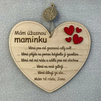 Dekorace z Česka Dřevěné srdce Úžasná maminka 20 cm Varianta: Jednotné číslo + vlastní podpis (pište do poznámky) - PLATBA PŘEDEM!