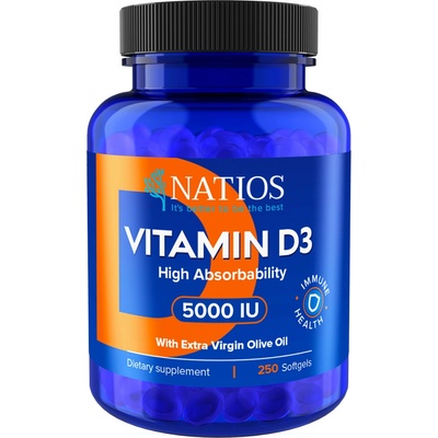 Natios Vitamin D3, Vysoce vstřebatelný, 5000 IU, 250 softgel kapslí