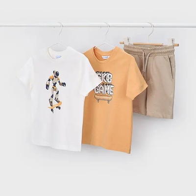 Mayoral Комплект с робот тениски в оранжево и бяло и бежови панталонки за мини момче Mayoral