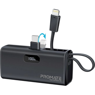 Promate Външна батерия ProMate, NanoPack-5. Black 5000mAh Portable Mini Power Bank, 20W USB-C Output Plug and Lightning output Built-In Cable - Черна (6959144065175)