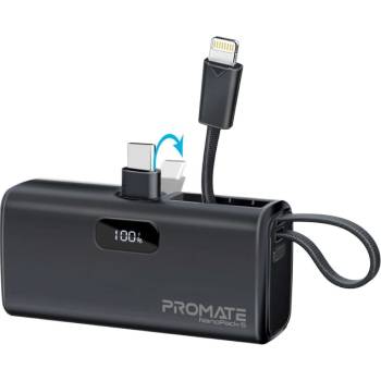 Promate Външна батерия ProMate, NanoPack-5. Black 5000mAh Portable Mini Power Bank, 20W USB-C Output Plug and Lightning output Built-In Cable - Черна (6959144065175)