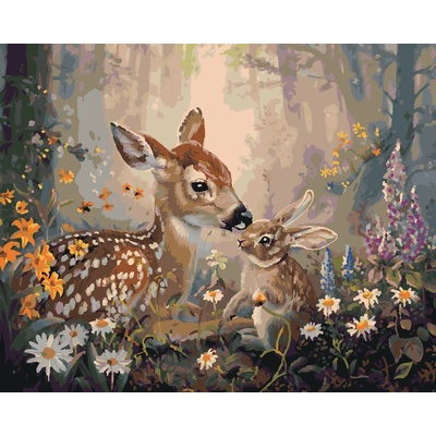 ZUTY SRNEC A KRÁLIK V KVETOCH Rámovanie bez rámu a bez vypnutia plátna Rozmer 80 x 100 cm