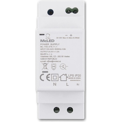 MCLED Napaječ LED 24VDC/1A pro LED pásky 24W, na DIN lištu, IP20 ML-732.078.11.1