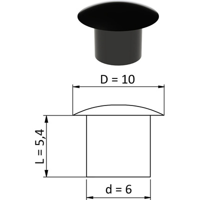 Vnitřní krytka kulatá ø 10 mm, otvor ø 6 mm, černá, plast