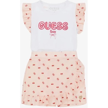 Guess Тениска в бяло с надпис Guess и прасковена пола-панталон за мини момиче Guess
