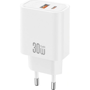 XO CE42 мрежово зарядно устройство с USB+Type-C изход, 30 W, PD бързо зареждане, БЯЛО (CE42)