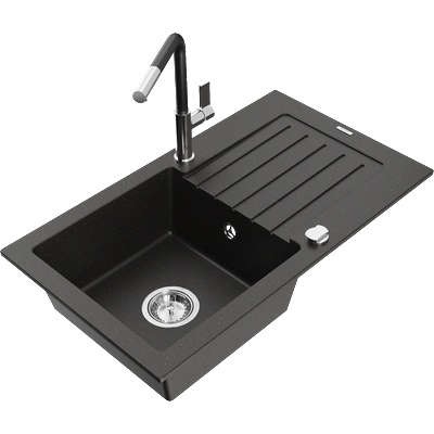 Mexen Pablo гранитна мивка с 1 корито с отцедник и кухненски смесител Flora, (6510-75-670401-07)