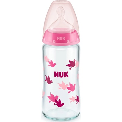Nuk Стъклено шише със силиконов биберон Nuk - First Choice, TC, 240 ml, розово (10745121)