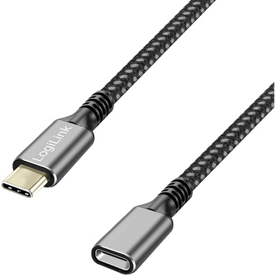 LogiLink USB 3.2 Gen2 Type-C кабел, C/M-USB-C/F, PD, алуминий, черен/сив, 1 м