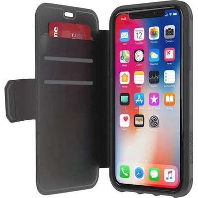 Griffin Survivor Strong Wallet - удароустойчив хибриден кожен калъф с отделение за карти за iPhone XS, iPhone X (черен-сив)