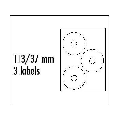 Logo etikety na CD 113/37mm, A4, matné, biele, 3 etikety, 140g/m2, balené po 25 ks, pre atramentové a laserové tlačiarne