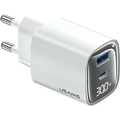 USAMS CC229 мрежово зарядно устройство USB+Type-C гнездо 30W, LED дисплей, БЯЛО CC229TC02 (CC229TC02)