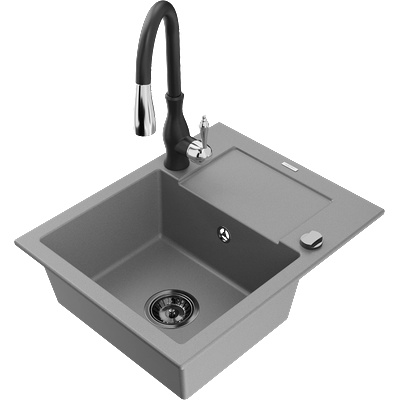 Mexen Enzo кухненска мивка от гранит с 1 отделение с отцедник и кухненски смесител Savita, сив - 6506-71-672601-70-B (6506-71-672601-70-B)