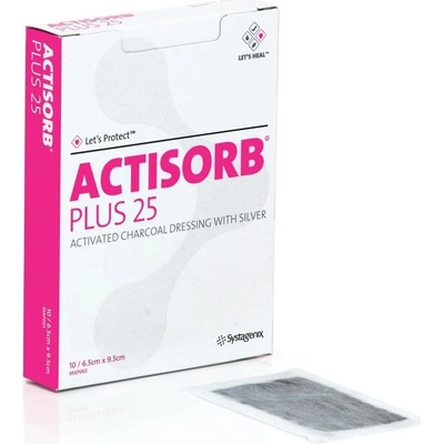 Actisorb PLUS 25 obväz s aktívnym uhlím a striebrom 10,5 x 10,5 cm 10 ks