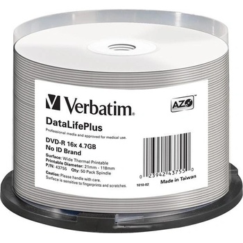 Verbatim DVD-R(50-Pack)/Spindle/16X/4.7GB/DataLife Plus Wide Thermal Professional No ID Brand (43755)