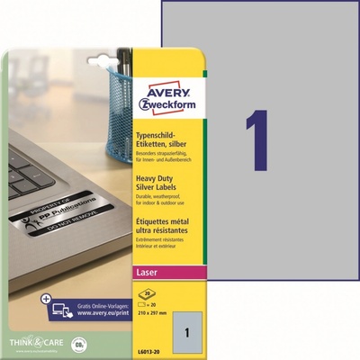 Avery Zweckform Etikety 20 ks A4 stříbrné 210 x 297 mm velmi odolné pro laserové tiskárny L6013-20