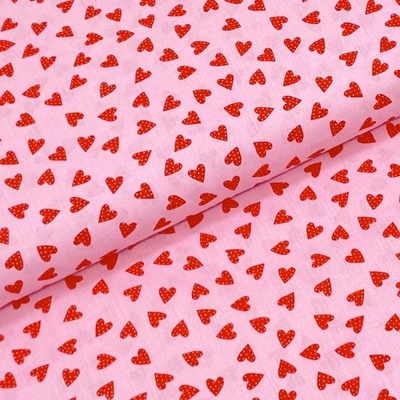 Bavlněné plátno P0618 růžové, červená srdíčka, š.140