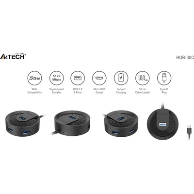 A4Tech USB hub A4tech HUB-30C, 4 ports, USB 3.0, 5120 Mbit/s, Black (28577)