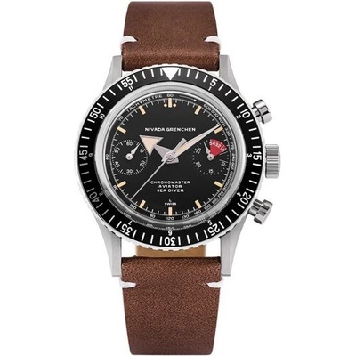 Nivada Grenchen Chronomaster Broad Arrow Inter. Bezel Manual Brown Leather White Stitching