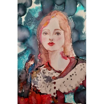 Акварелна картина " Когато птиче кацне на рамото ти"