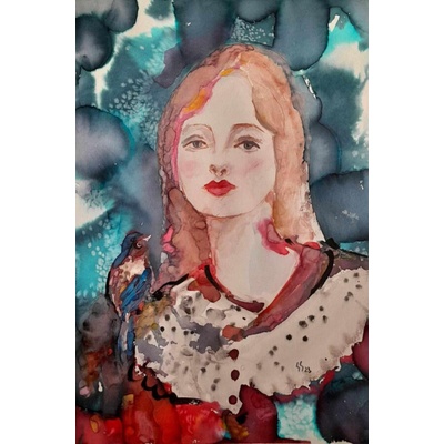 Акварелна картина " Когато птиче кацне на рамото ти"