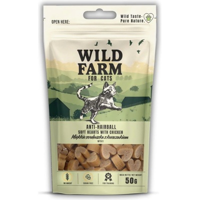 WILD FARM анти-космати топчета меки пилешки сърца 50 г лакомство за котки