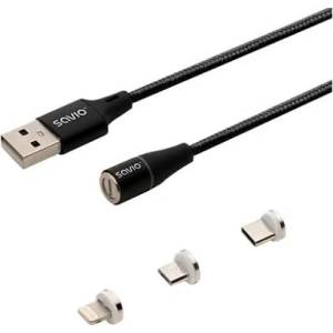 SAVIO Кабел за данни Savio 3 в 1, магнитен, Lightning/Type-C/Micro-USB, 2 метра, черен (CL-155) (CL-155)
