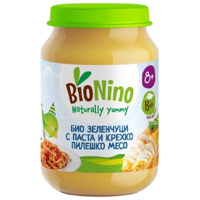 Био пюре BioNino - Зеленчуци с паста и пилешко месо, 8 м+, 190 g (BN2331)