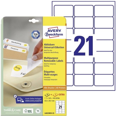 Avery-Zweckform L6023REV-25 etikety 63.5 x 38.1 mm papier biela 630 ks premiestniteľné univerzálne etikety atrament, laser, kópie; L6023REV-25