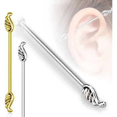 Šperky eshop piercing do ucha z chirurgické oceli delší činka ukončená křídly W22.31 stříbrná