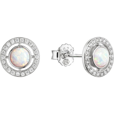 Evolution Group strieborné náušnice kôstky s bielym okrúhlym syntetickým opálom a zirkónmi 11468.1 white