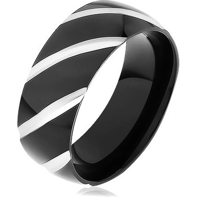 Šperky eshop Černý ocelový prsten lesklý povrch zdobený šikmými zářezy HH11.8