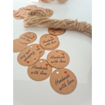 Крафт етикети с връв и надпис " handmade with love"