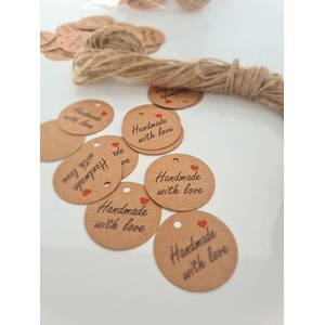  Крафт етикети с връв и надпис " handmade with love"