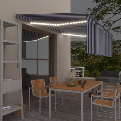 vidaXL Ručně zatahovací markýza s roletou a LED 4 x 3 m modrobílá
