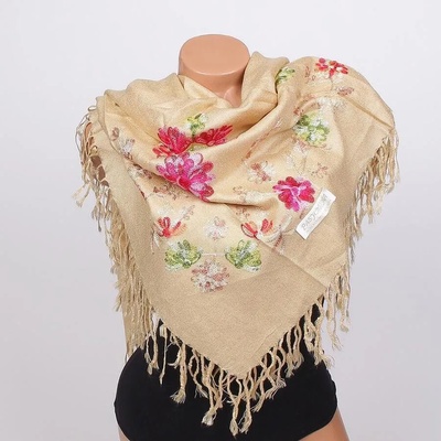 Стилен дамски шал в бежово с бродирани цветя