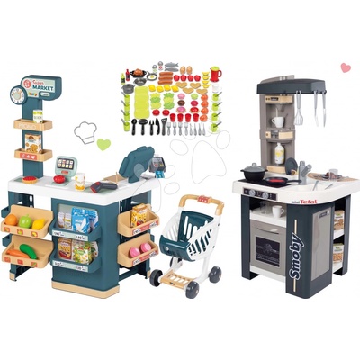 Smoby Set obchod elektronický s váhou a skenerom Super Market a kuchynka Tefal Studio so zvukmi a potraviny s riadom