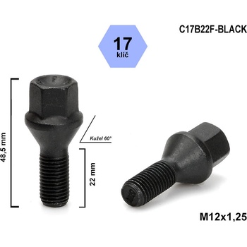 Kolový šroub M12x1,25x22 kužel, klíč 17, C17B22F-BLACK, výška 48,5 mm