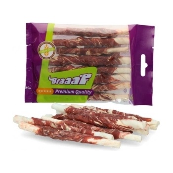 Braaaf - Усукани солети за кучета, бяла кожа с говежо и риба в пакет/ 80 гр. /12см